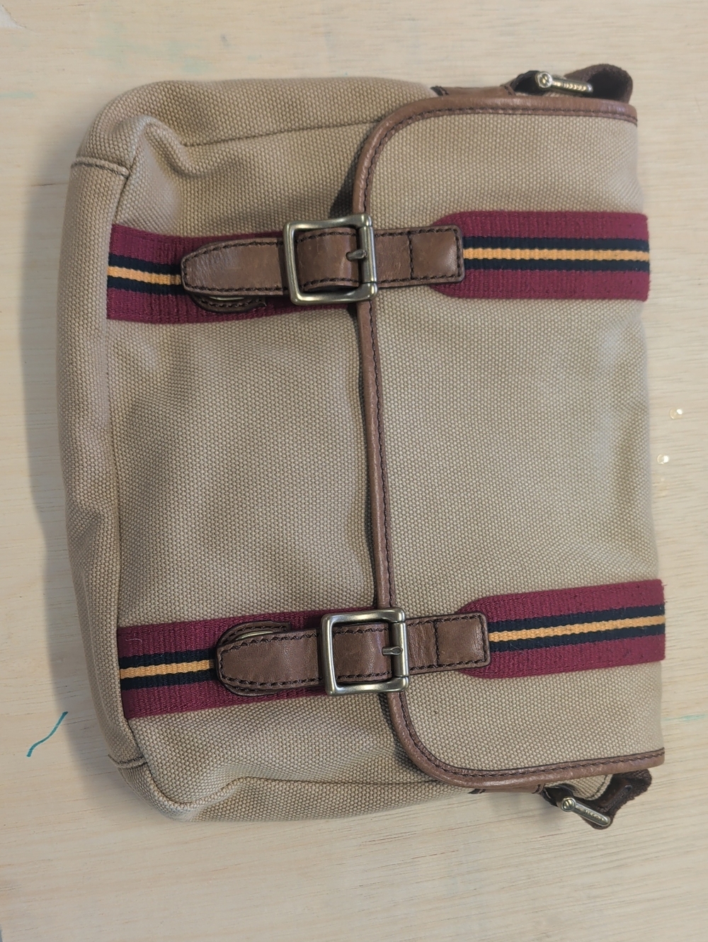 Fossil Beige Canvas Messenger Bag with Burgundy & Navy Stripes